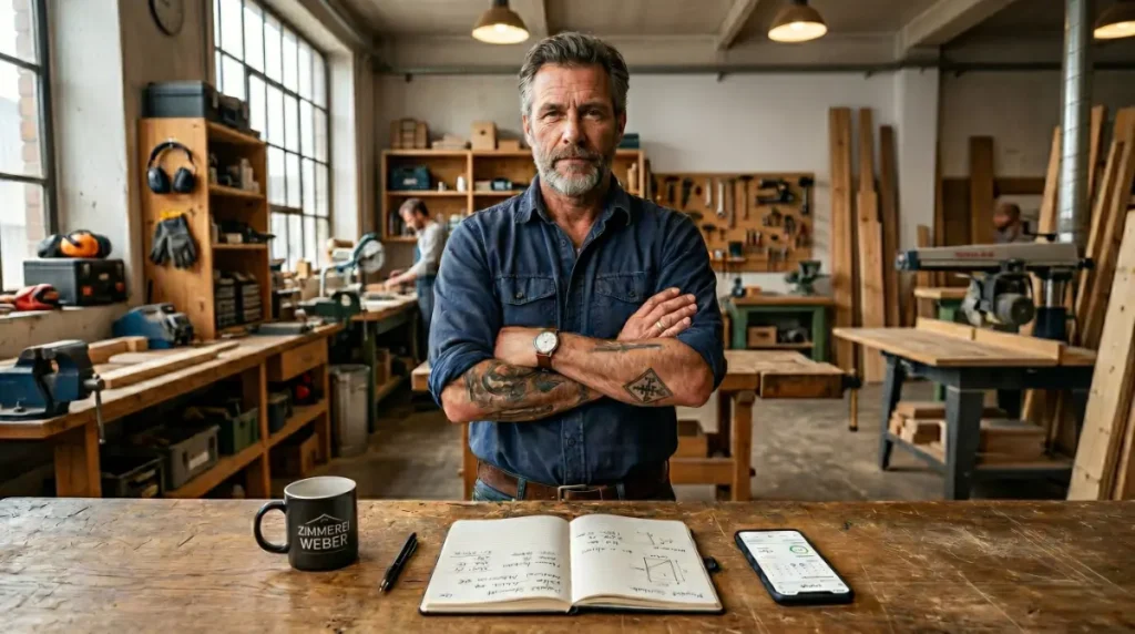 Handwerksmeister im Büro mit Notizbuch und Smartphone – Unternehmerberater für Bauhandwerk und Meisterbetriebe