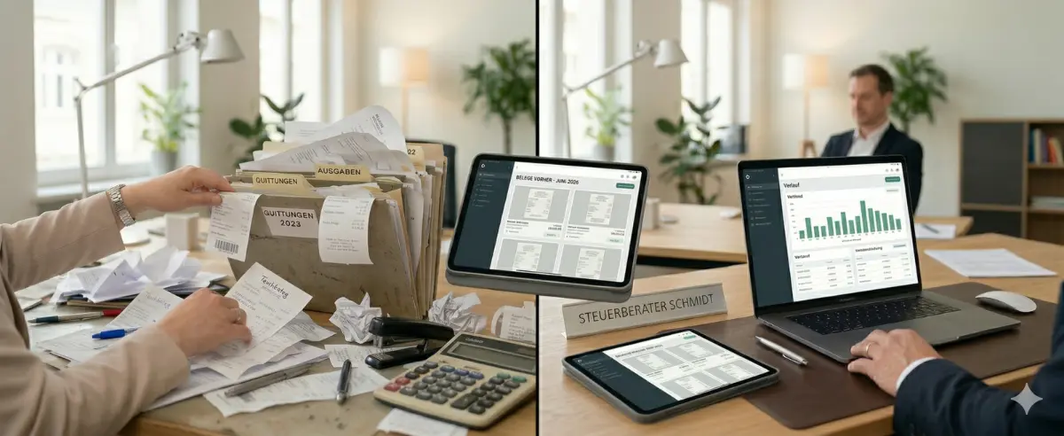 Vergleich chaotischer Belegordner und aufgeräumter digitaler Arbeitsplatz in einer Steuerkanzlei
