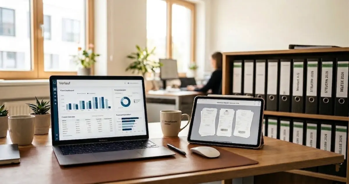 Kanzlei entlasten Aufgeräumter Kanzlei-Schreibtisch mit Laptop und digitalem Belegfluss als Symbol für entlastete Mandanten-Vorarbeit