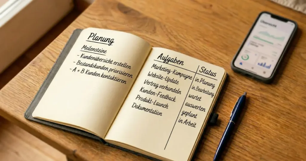 Aufgeräumter Schreibtisch mit Notizbuch, Stift und Smartphone-Dashboard – Symbol für strukturierte Unternehmensplanung