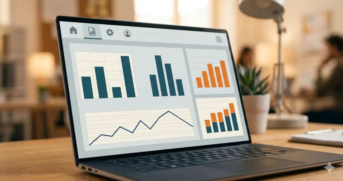 Laptop mit schlichtem Unternehmens-Dashboard – Kennzahlen auf einen Blick