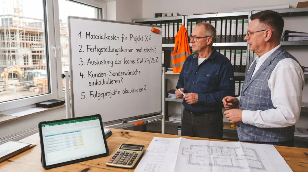 Handwerker prüft Auftragsmix Handwerk auf Tablet vor Baustelle mit Bauplan und Werkzeug, um profitable Aufträge zu filtern