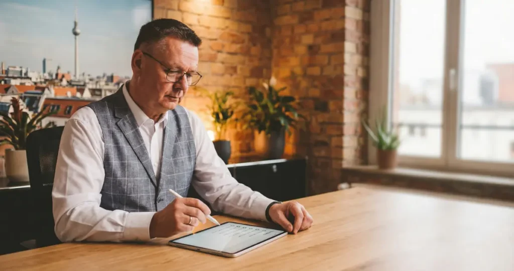 Unternehmer prüft Fördermittelanspruch am Laptop – BAFA und INQA Beratungsförderung für KMU