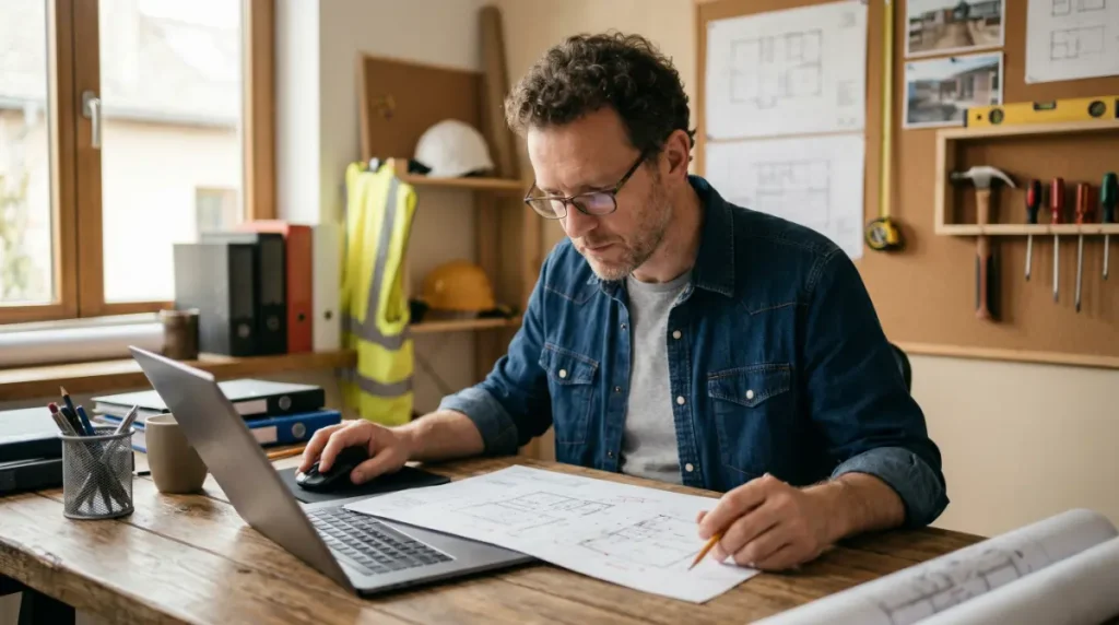 Handwerker kalkuliert Angebot am Schreibtisch – Angebote Handwerk Kalkulation