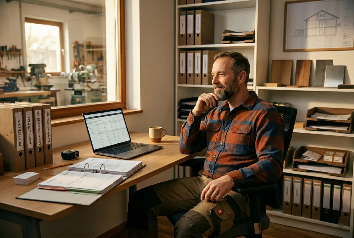 Handwerksinhaber am Schreibtisch plant strukturiert die Betriebsnachfolge