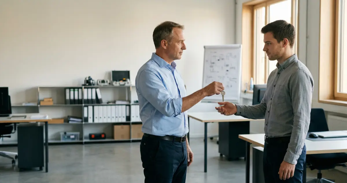 Unternehmer übergibt Schlüssel an Nachfolger – Übergabereife im Mittelstand