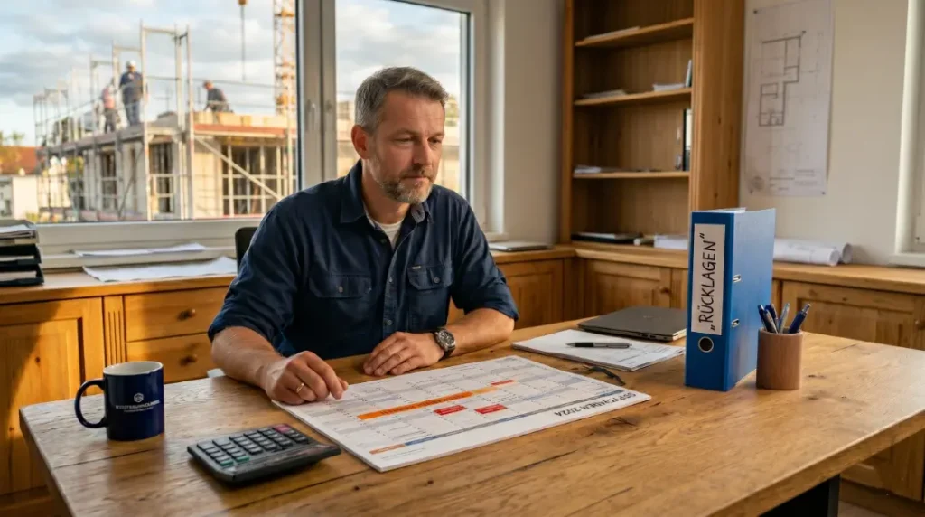 Handwerksmeister plant Steuerrücklagen im Monatsrhythmus am Schreibtisch mit Kalender und Taschenrechner vor Baustellenhintergrund