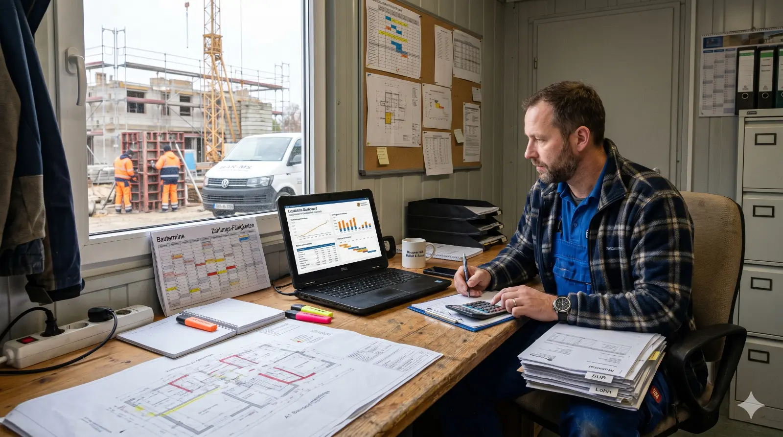 Baustellen-Cashflow planen mit Zahlungsmeilensteinen für Material, Nachunternehmer und Löhne im Bauhandwerk