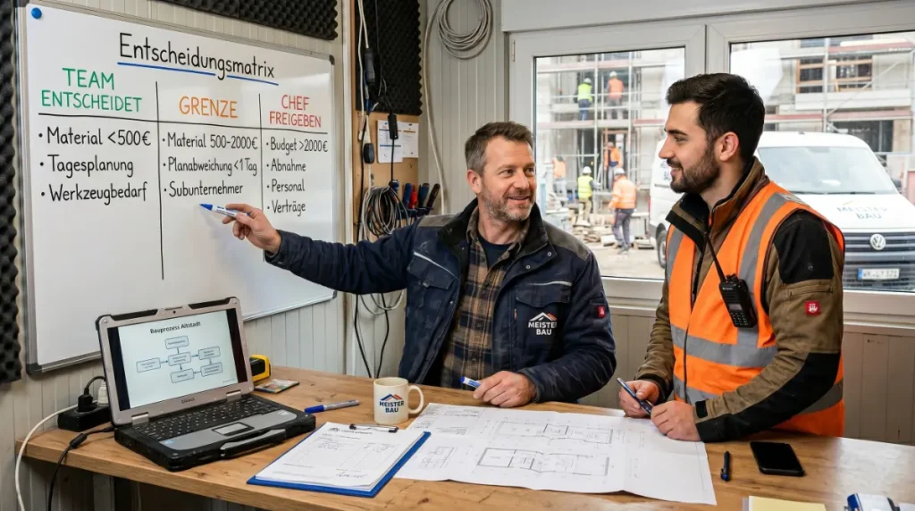 Freigaben ohne Chef-Engpass – Handwerker-Team bespricht Entscheidungen auf der Baustelle ohne Rückfragen an den Chef