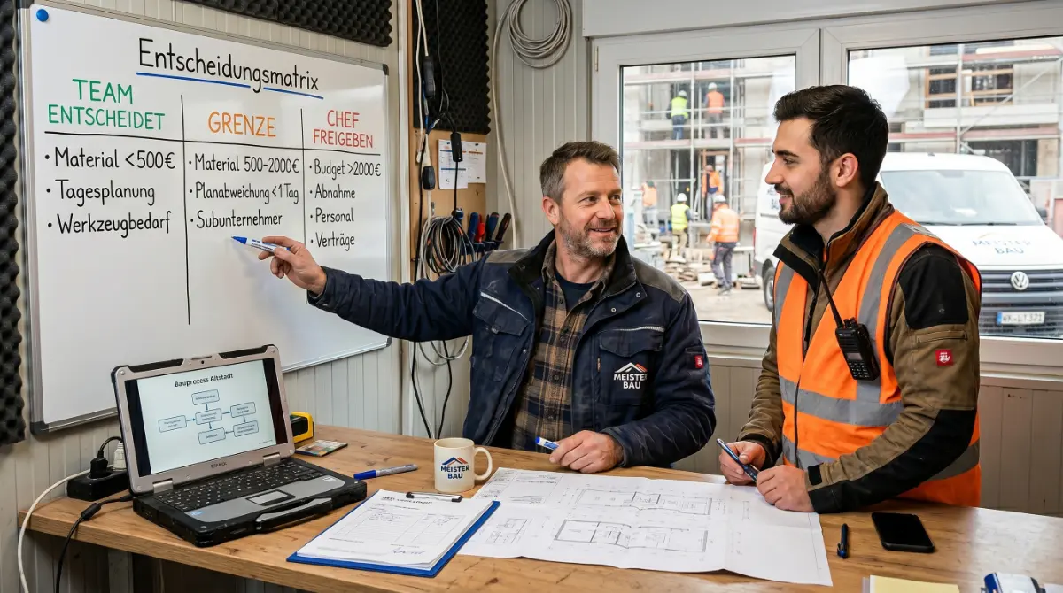 Freigaben ohne Chef-Engpass – Handwerker-Team bespricht Entscheidungen auf der Baustelle ohne Rückfragen an den Chef