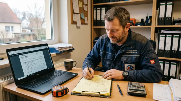 Angebotsprozess im Handwerk – Handwerksmeister erstellt strukturiertes Angebot am Schreibtisch mit Aufmaßzettel und Laptop