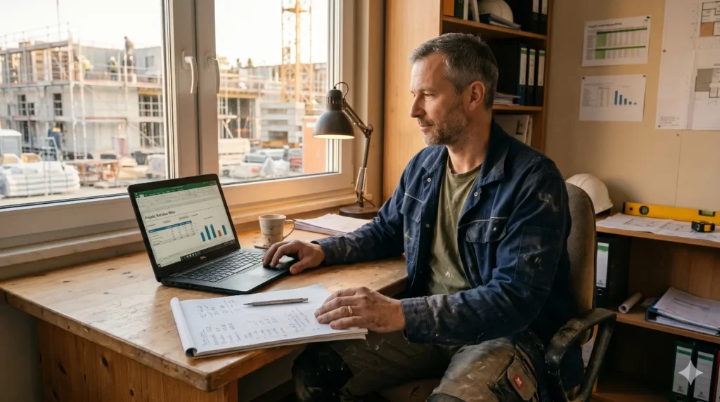 Handwerksmeister sitzt am Schreibtisch mit Notizbuch und Laptop und führt Nachkalkulation für seinen Betrieb durch – im Hintergrund eine Baustelle.