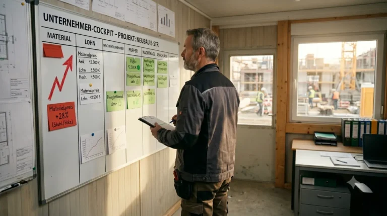 Materialpreise und Marge absichern: Handwerksmeister plant Puffer, Nachträge und Abschläge im Unternehmer-Cockpit.