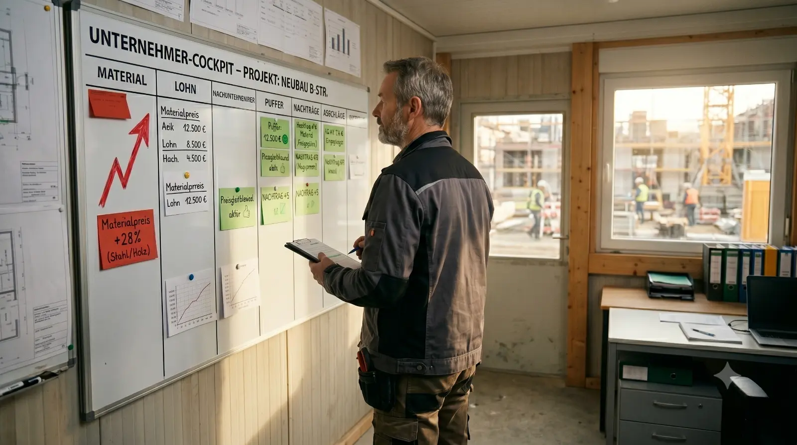 Materialpreis-Schock Materialpreise und Marge absichern: Handwerksmeister plant Puffer, Nachträge und Abschläge im Unternehmer-Cockpit.