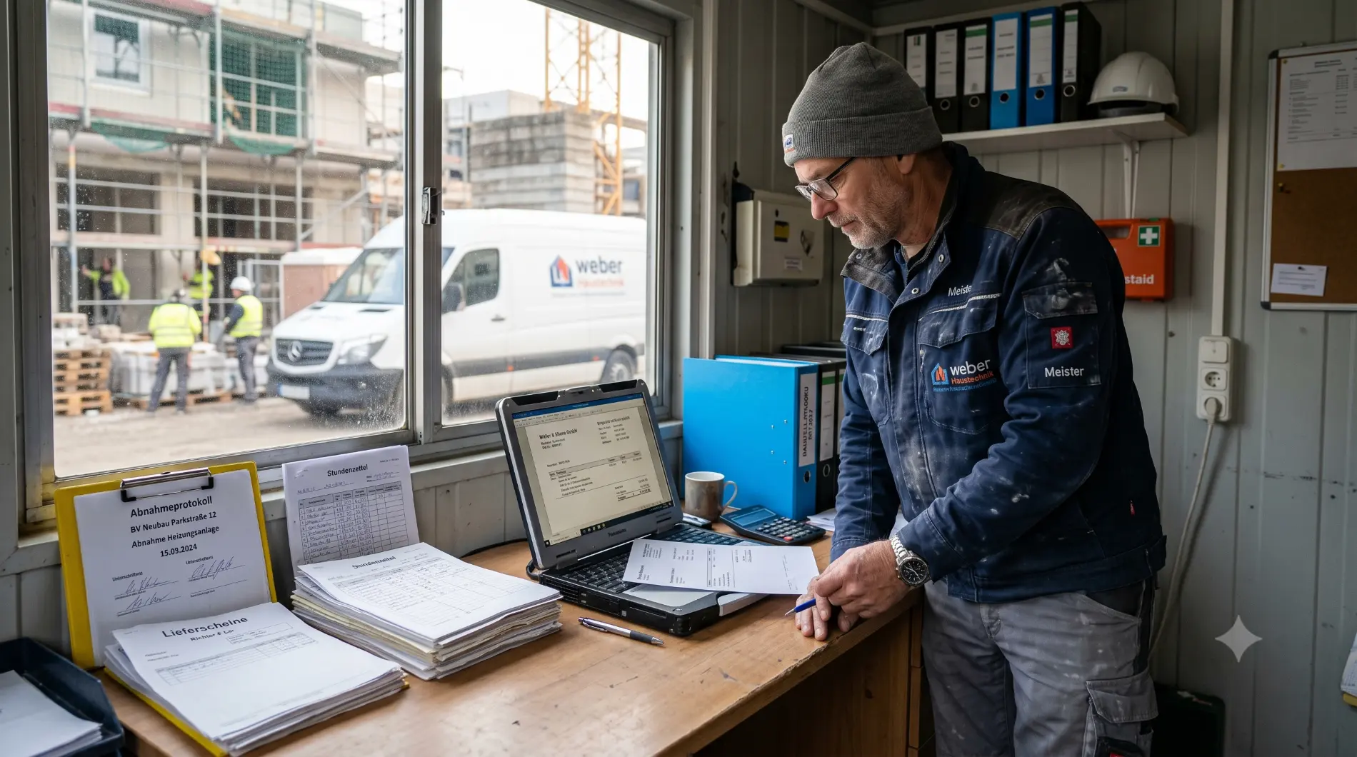 Handwerksmeister prüft Rechnung im Baustellenbüro mit Abnahmeprotokoll und Leistungsnachweisen